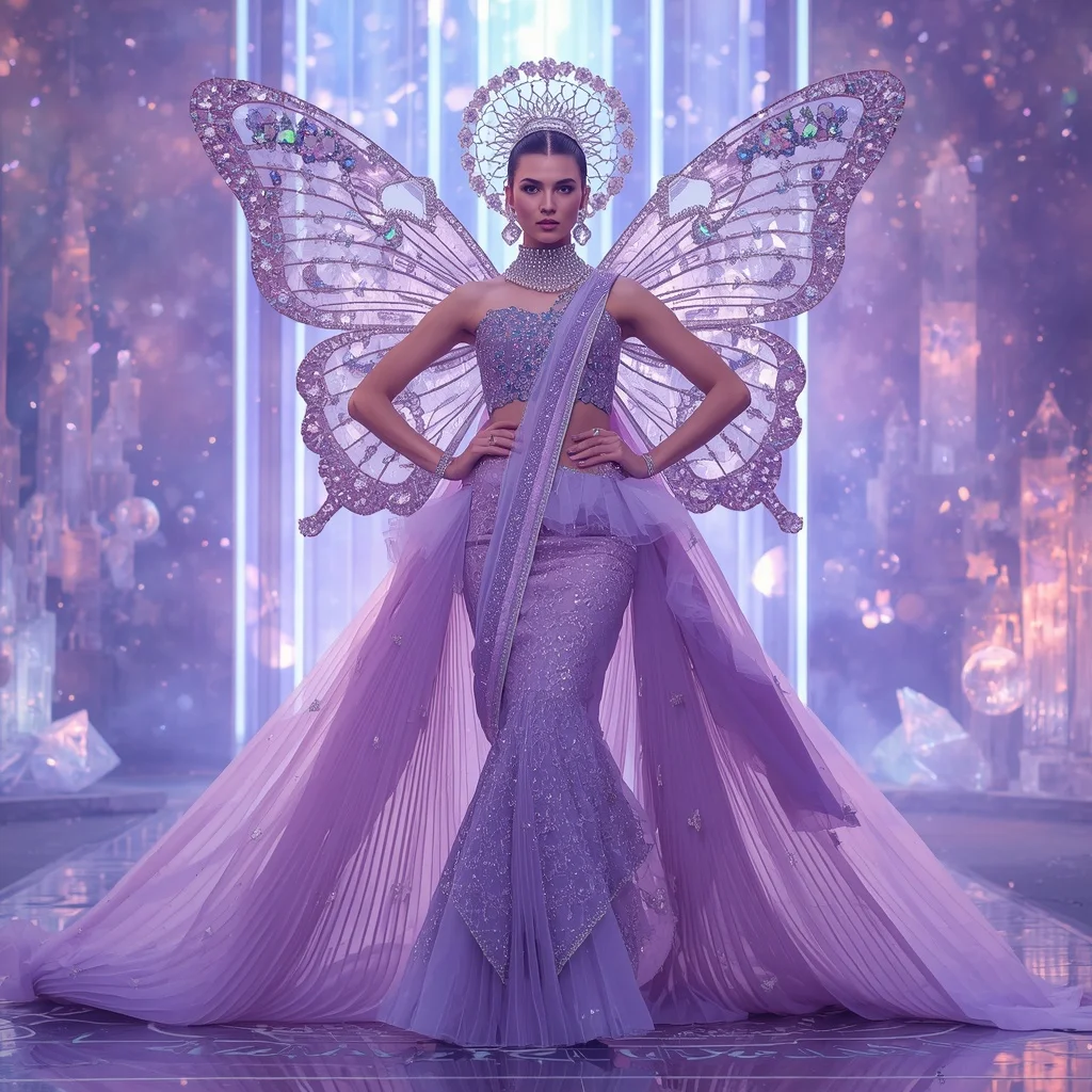 Lilac Fairy Aurora Saree with Butterfly Crystal Universes and Dreamlight Kingdom | Prompt Seen Girl Lehenga