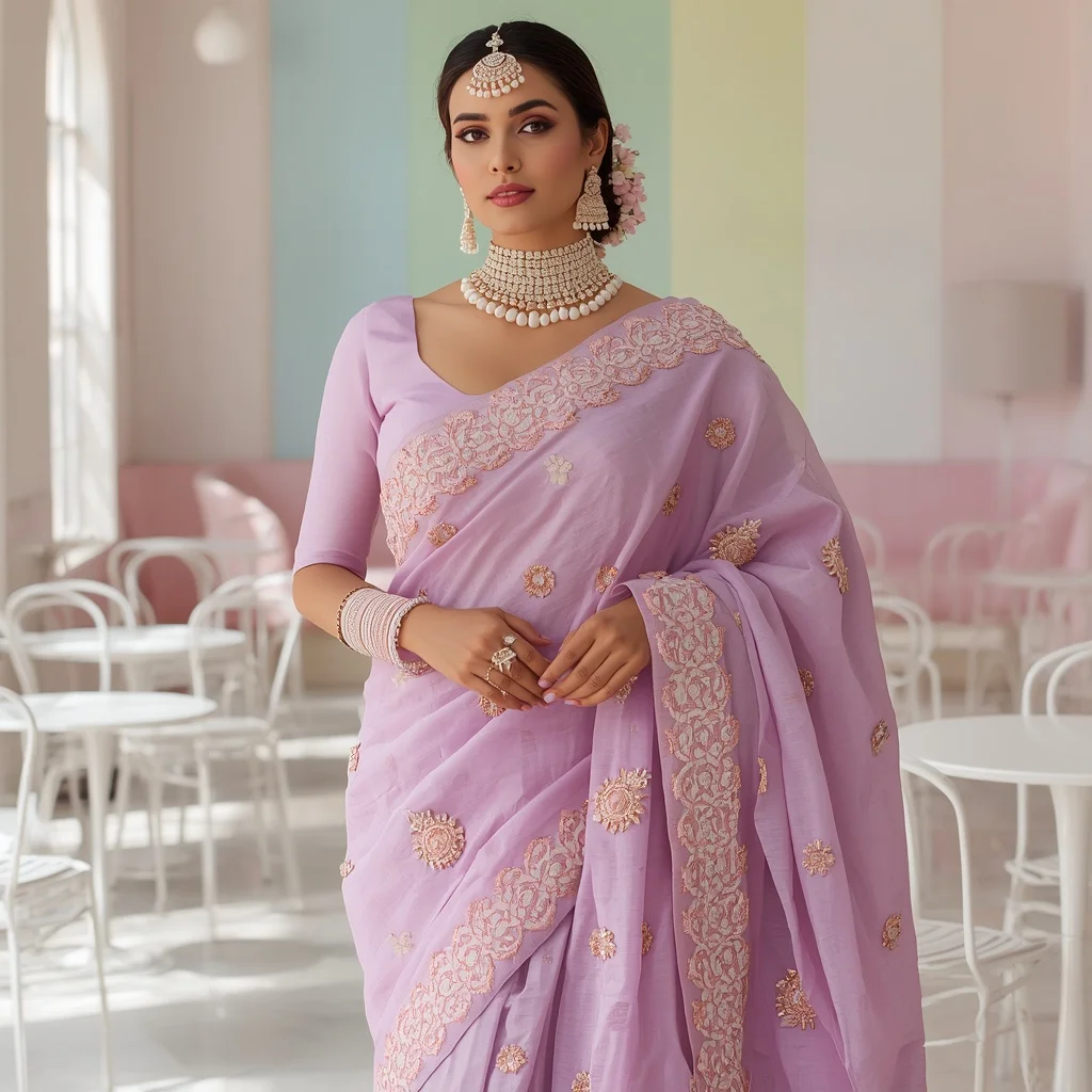 Lilac Heavy Embroidered Couture Saree Look | Flux Ai Prompt