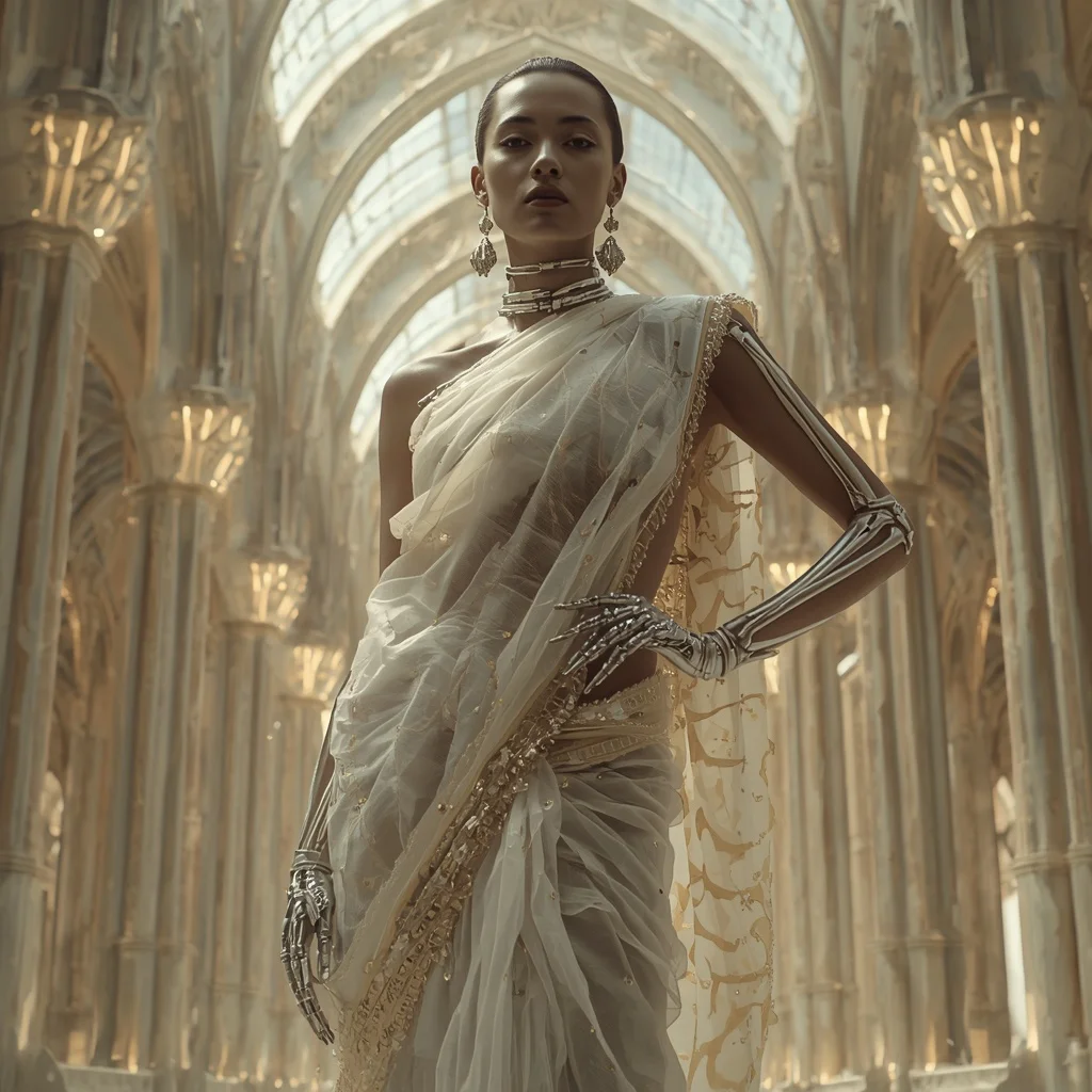 Liquid Bone Crystal Saree with Synthetic Skeleton Cathedral | Copy Paste Ai Prompt