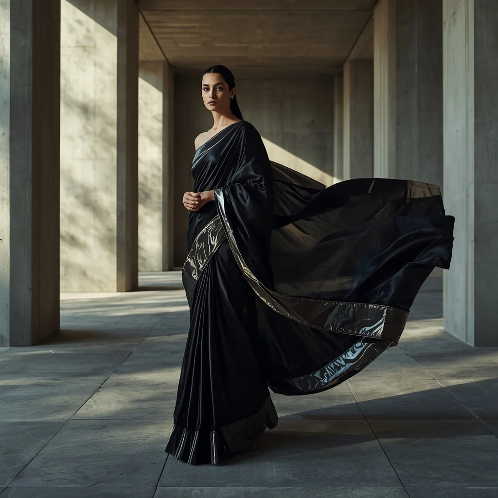 Liquid Chrome and Obsidian Silk Saree in a Brutalist Museum | Saree Woman Ai Prompt
