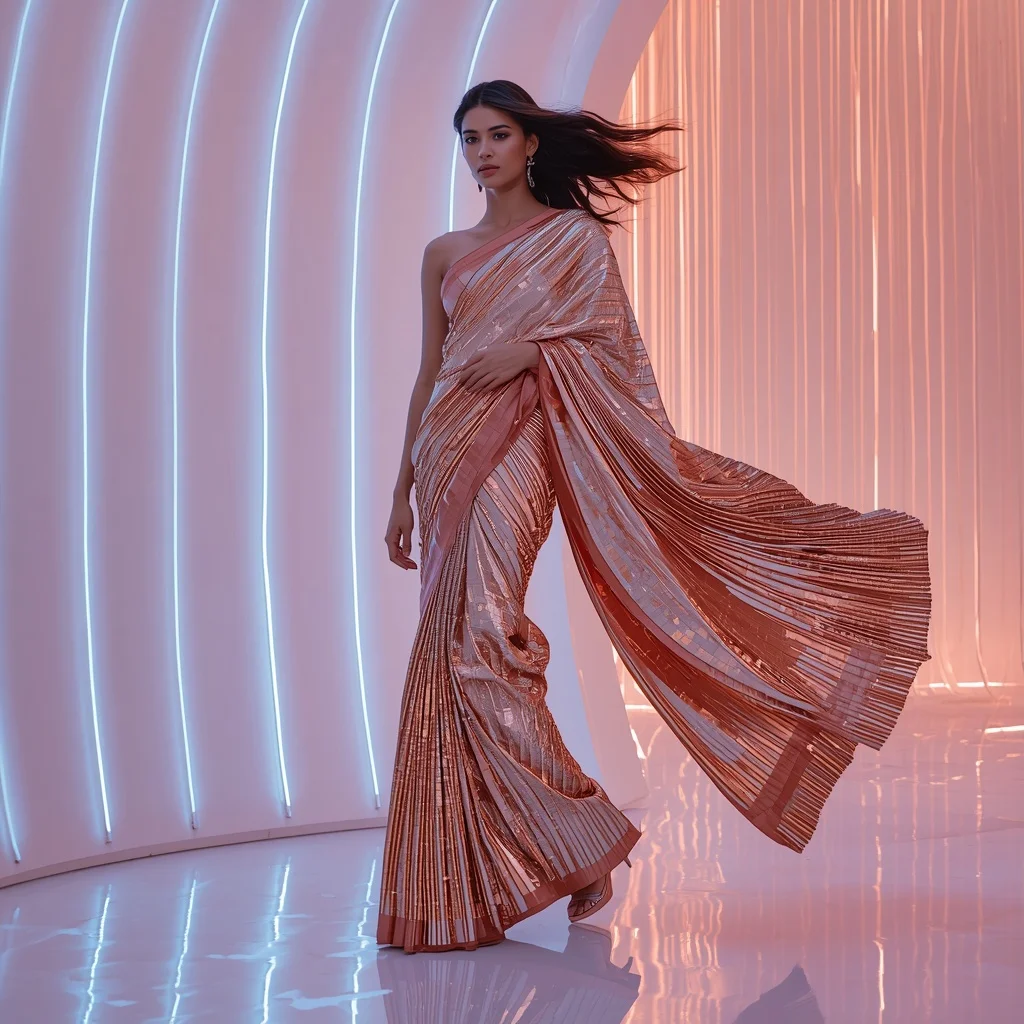 Liquid Copper and Iridescent Pearl Saree with Neon Waterfall Room | Gemini Ai Photo Prompt Copy Paste