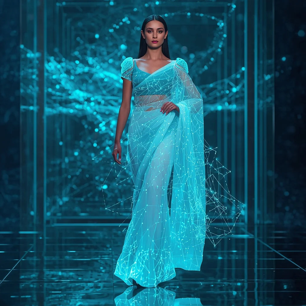 Liquid Crystal Web Saree with Floating Network Grid | Prompt Chatgpt