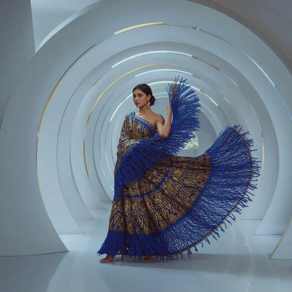 Liquid Gold and Sapphire Crystal Fringe Saree with Floating Helix Corridor | Ai Girl Image Prompt