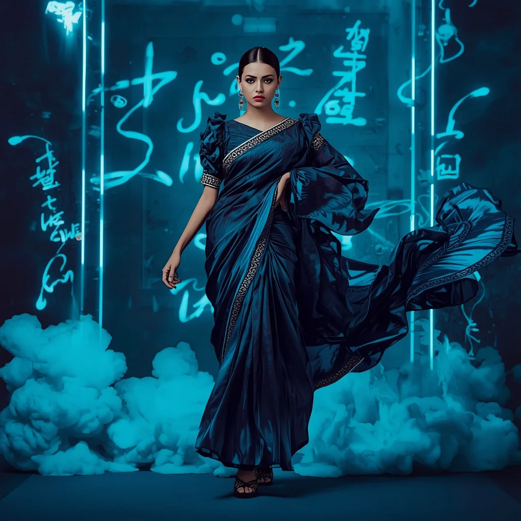 Liquid Ink Storm Saree with Floating Digital Calligraphy | Prompt For Girls Trending