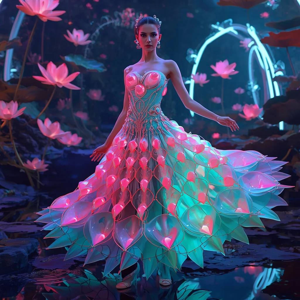 Liquid Lotus Reactor Saree with Bio Neon Bloom Garden | Fashion Ai Prompt