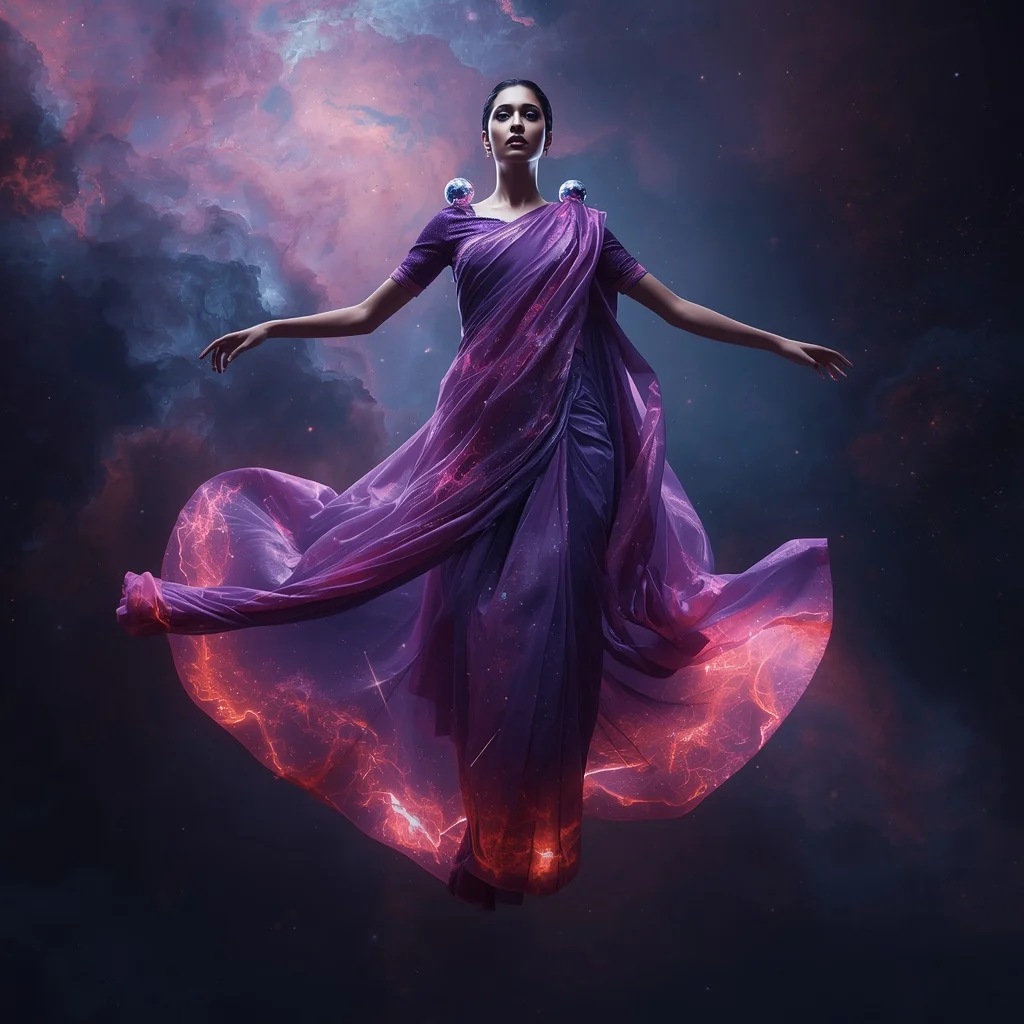 Liquid Nebula Saree with Living Cosmic Gas Fabric | Best Prompt Ai For Girl