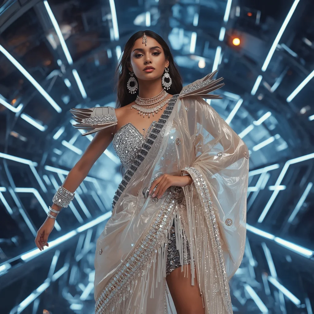 Liquid Pearl Thunder Saree with Floating Digital Prism Reflection Observatory | Prompt Chatgpt