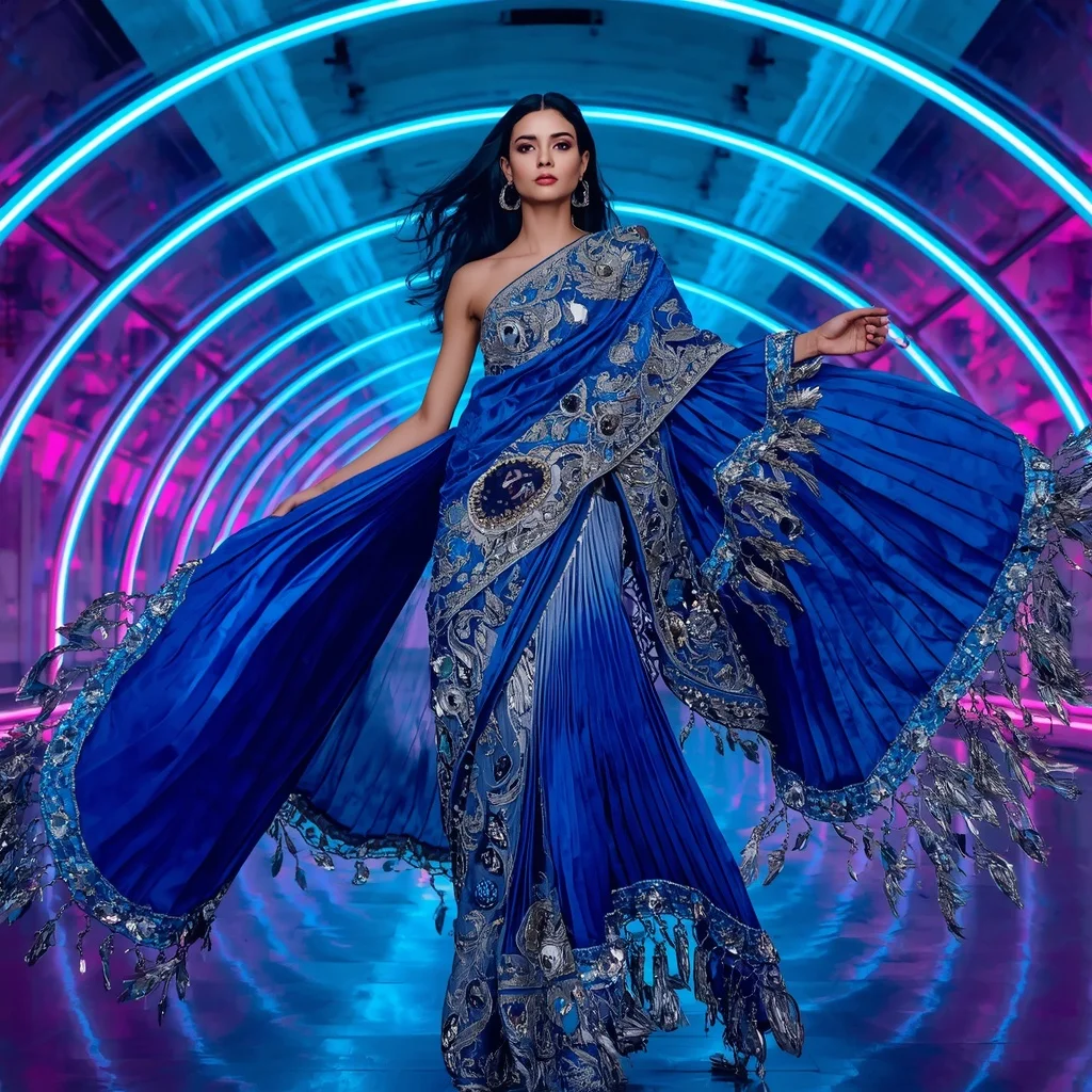 Liquid Sapphire Fantasy Saree with Neon Arc Atrium | Prompt For Gemini Ai Girl Indian Style