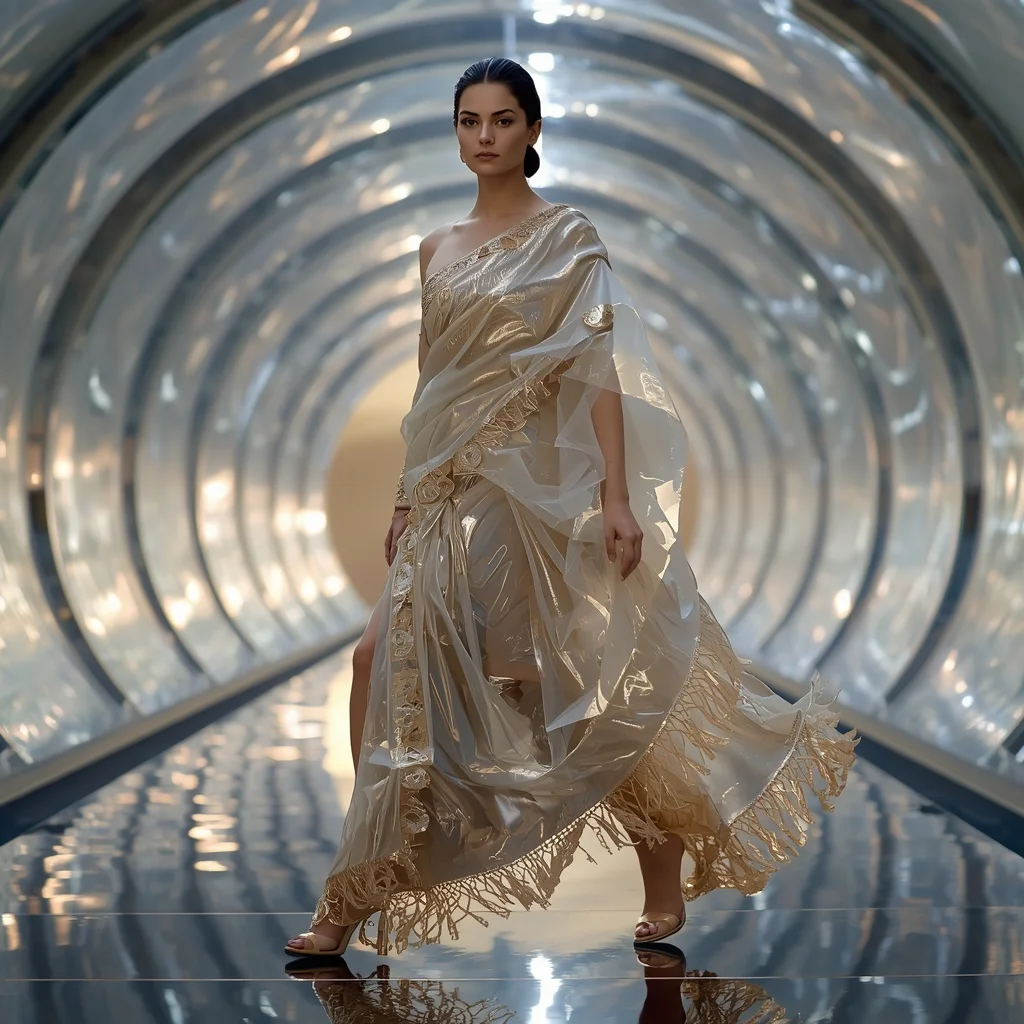 Living Glass Origami Fluid Saree with Morphing Light Pavilion | Prompt For Gemini AI Girl Style Trending Indian