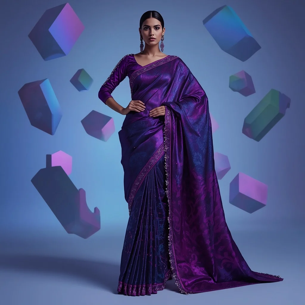 Luminescent Nebula: Deep Violet Festive Saree with Fiber-Optic Embroidery | Ai Image Prompt