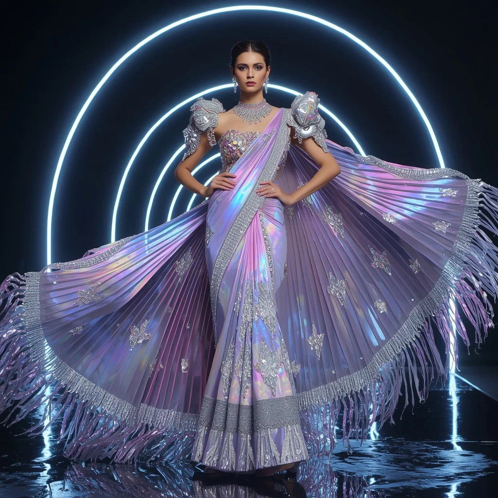 Lunar Prism Aurora Saree with Neon Arc Infinity Fortress | Influencers Ai Prompt
