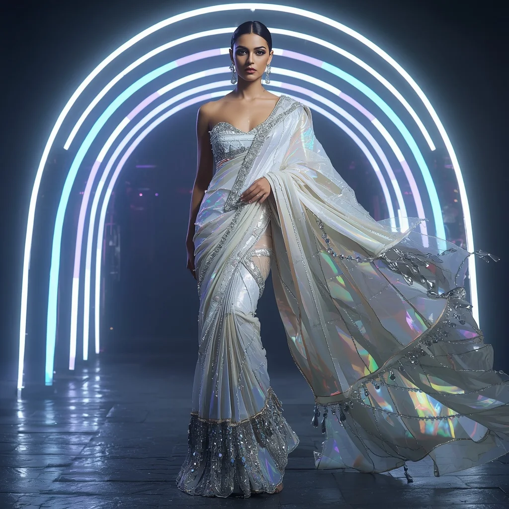 Lunar Prism Royale Saree with Neon Arc Citadel | Free Ai Prompt