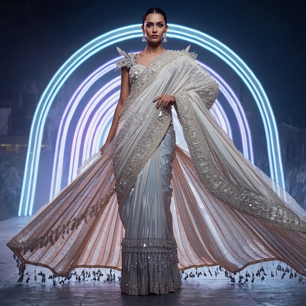 Lunar Prism Royale Saree with Neon Arc Fortress | Prompt Image