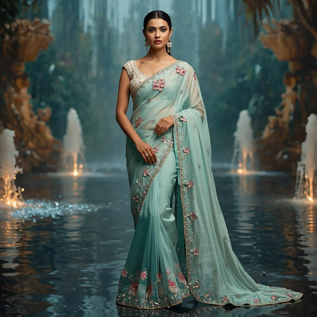 Luxury Aqua Lotus Empress Saree Fashion with Water Crystal Paradise Background | Prompt For Gemini AI Girl Trending