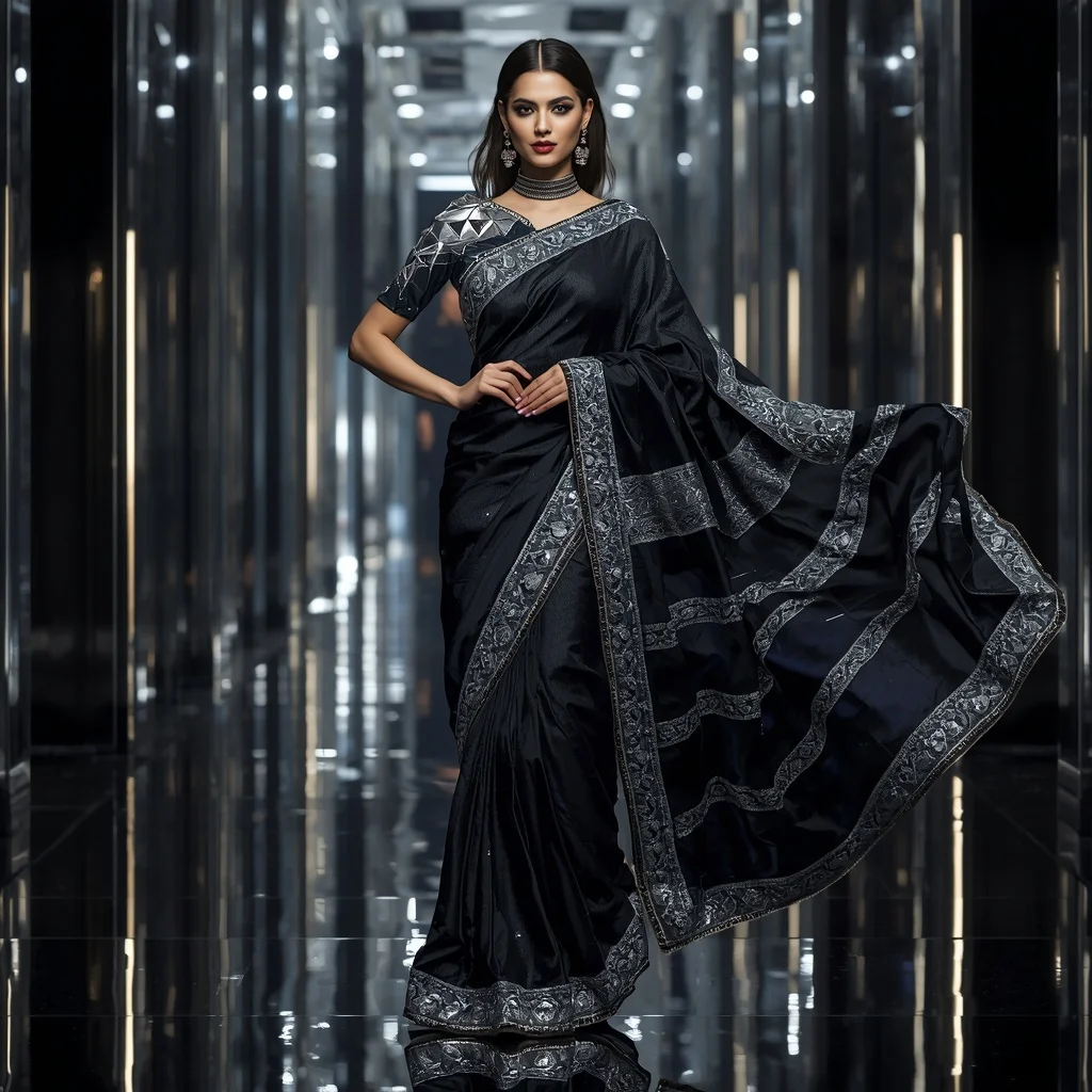 Luxury Black Chrome Saree with Fierce Catwalk Editorial Twist and Digital Silver Reflection Hall Background | Sora Ai Prompt