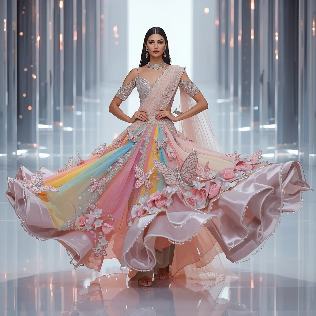 Luxury Butterfly Crystal Garden Saree with Floating Prism Hall | Cute Girl Ai Prompt