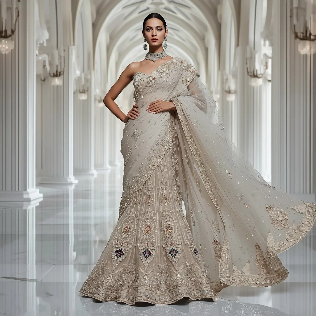 Luxury Crystal Cathedral Saree with Grand White Fashion Atrium | Copy Paste Ai Prompt