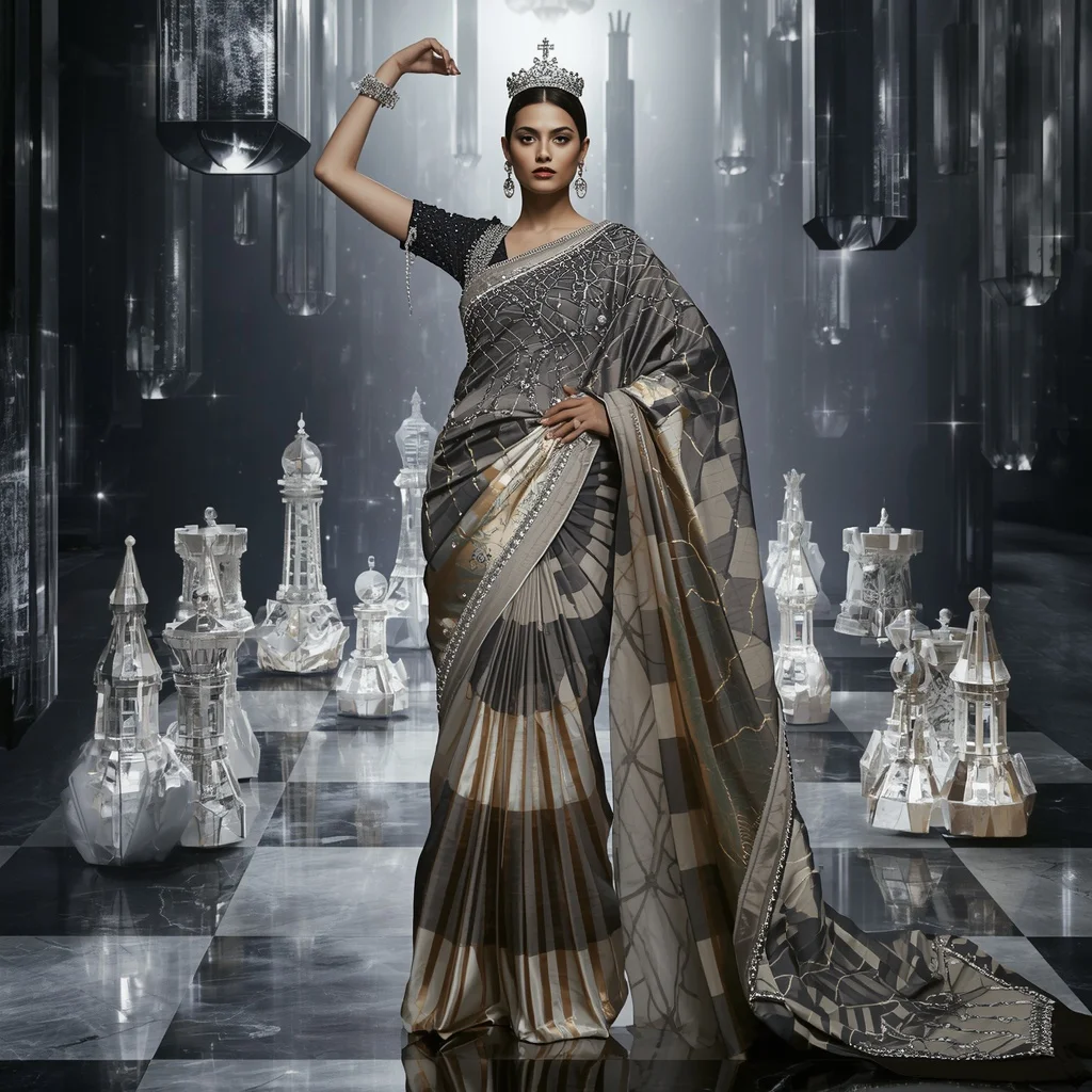 Luxury Crystal Chessboard Saree with Giant Moving Kingdom
