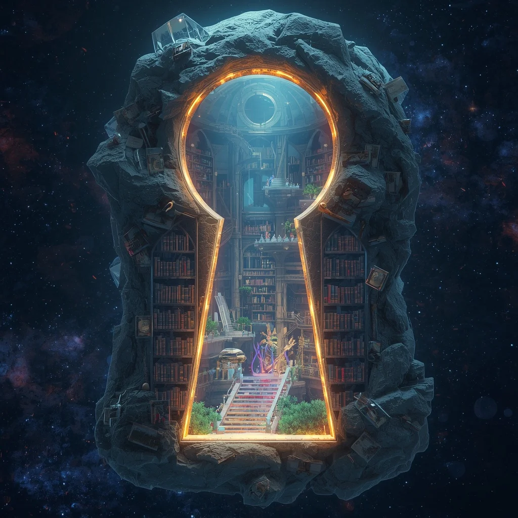 Luxury Crystal Library Inside Giant Floating Keyhole | Whatsapp Dp Ai Prompt