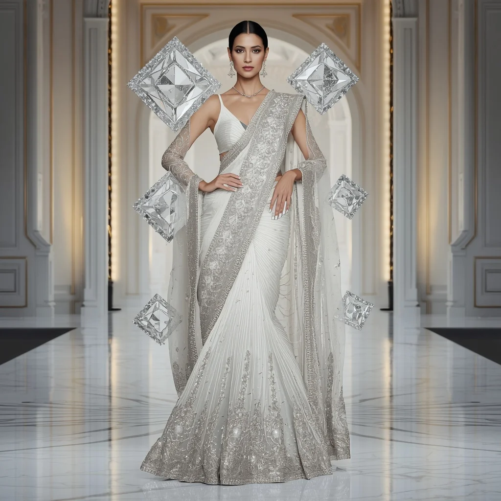 Luxury Diamond Wave Saree with White Designer Runway Palace | Prompt Seen Girl Kurti