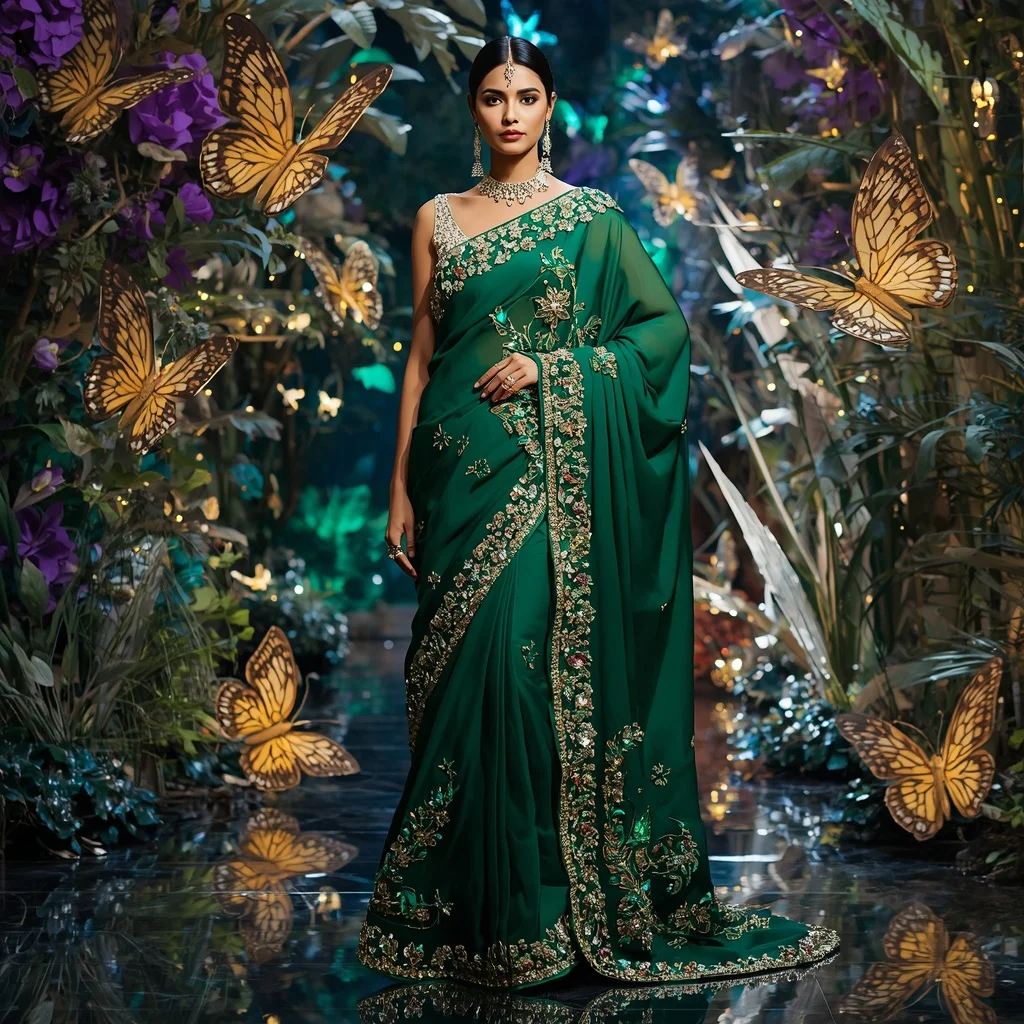 Luxury Emerald Butterfly Queen Saree Fashion with Crystal Botanical Kingdom Background | Instagram Photography Ai Prompt