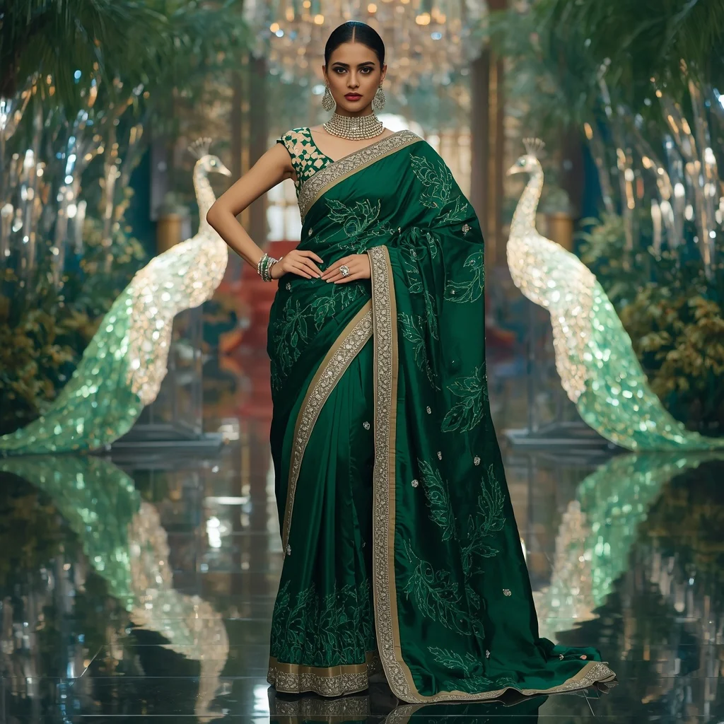 Luxury Emerald Peacock Jewel Saree Fashion with Crystal Garden Kingdom Background | Prompt For Traditional Look On Instagram