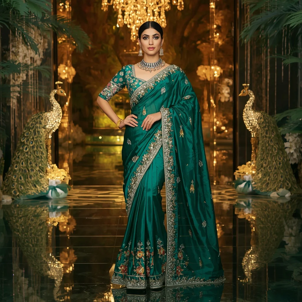 Luxury Emerald Peacock Majesty Saree Fashion with Crystal Jungle Palace Background | Ai Portrait Prompt