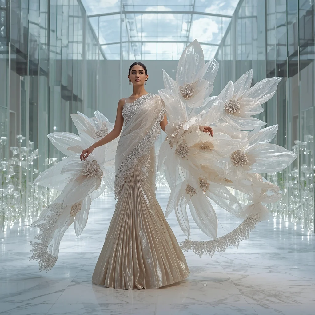 Luxury Floating Glass Petal Saree with Crystal Sky Atrium | Gemini Photo Editing Prompt