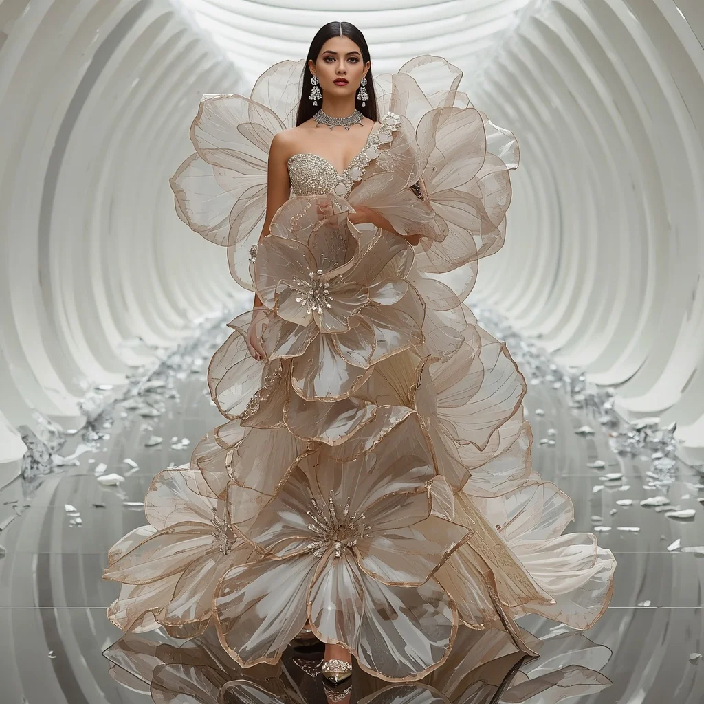 Luxury Floating Glass Petal Saree with Infinity Reflection Atrium | Grok Ai Prompt