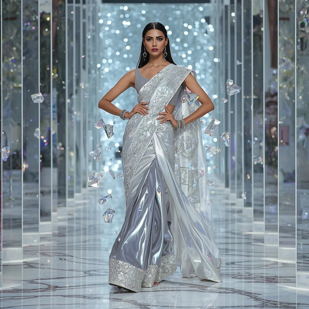 Luxury Floating Prism Saree with Holographic Infinity Chamber | Prompt For Traditional Look For Girl Copy Paste