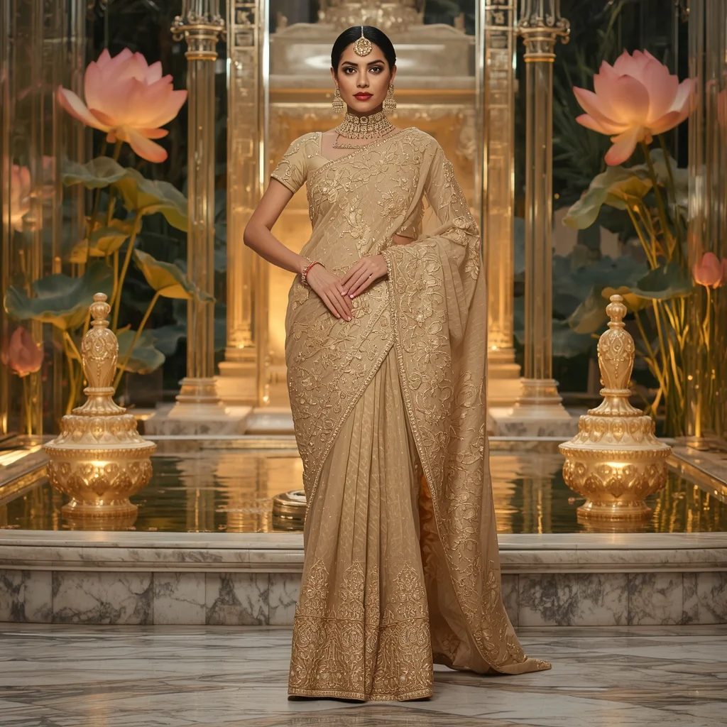 Luxury Golden Lotus Maharani Saree Fashion with Crystal Temple Garden Background | New Instagram Trend Prompt For Girl Love Copy And Paste