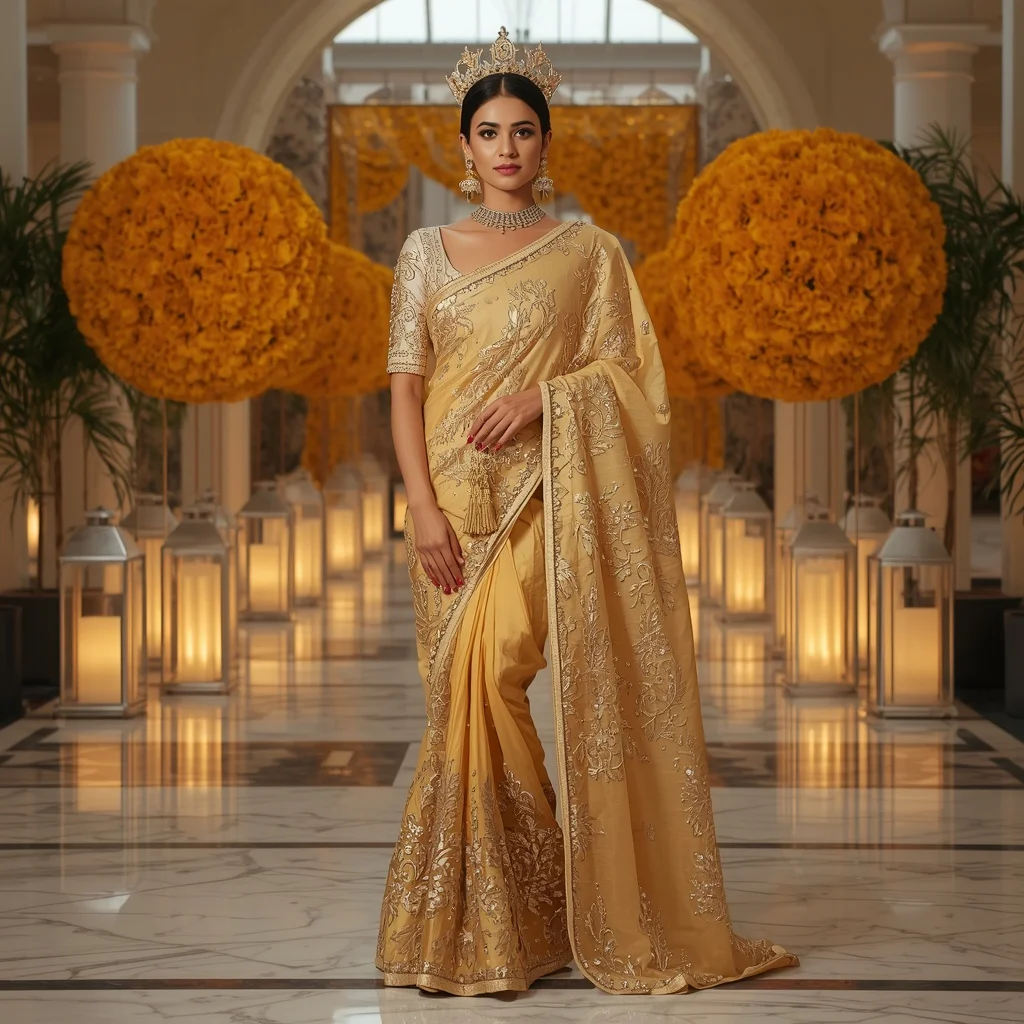Luxury Golden Marigold Crown Saree Fashion with Crystal Celebration Courtyard Background | Prompt For Gemini AI Girl