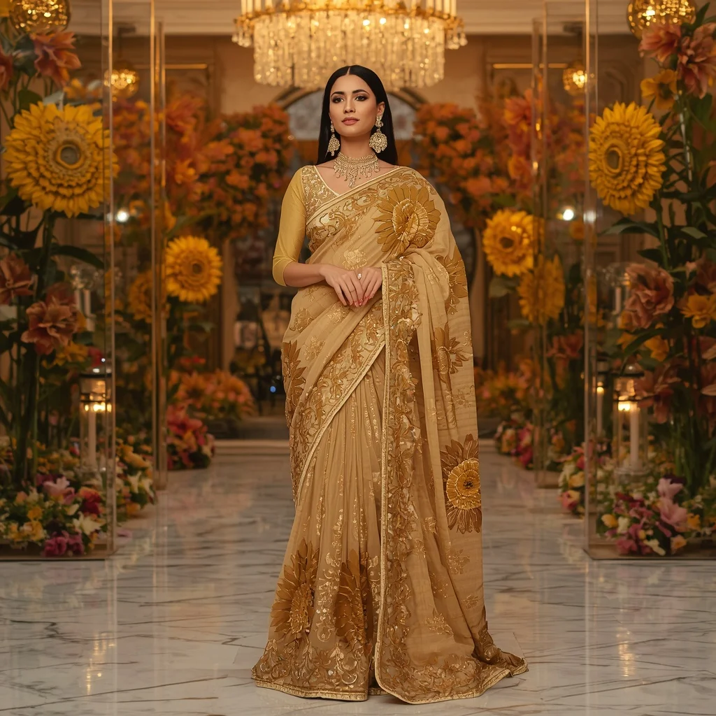 Luxury Golden Sunflower Empress Saree Fashion with Crystal Floral Courtyard Background | Instagram Photography Ai Prompt