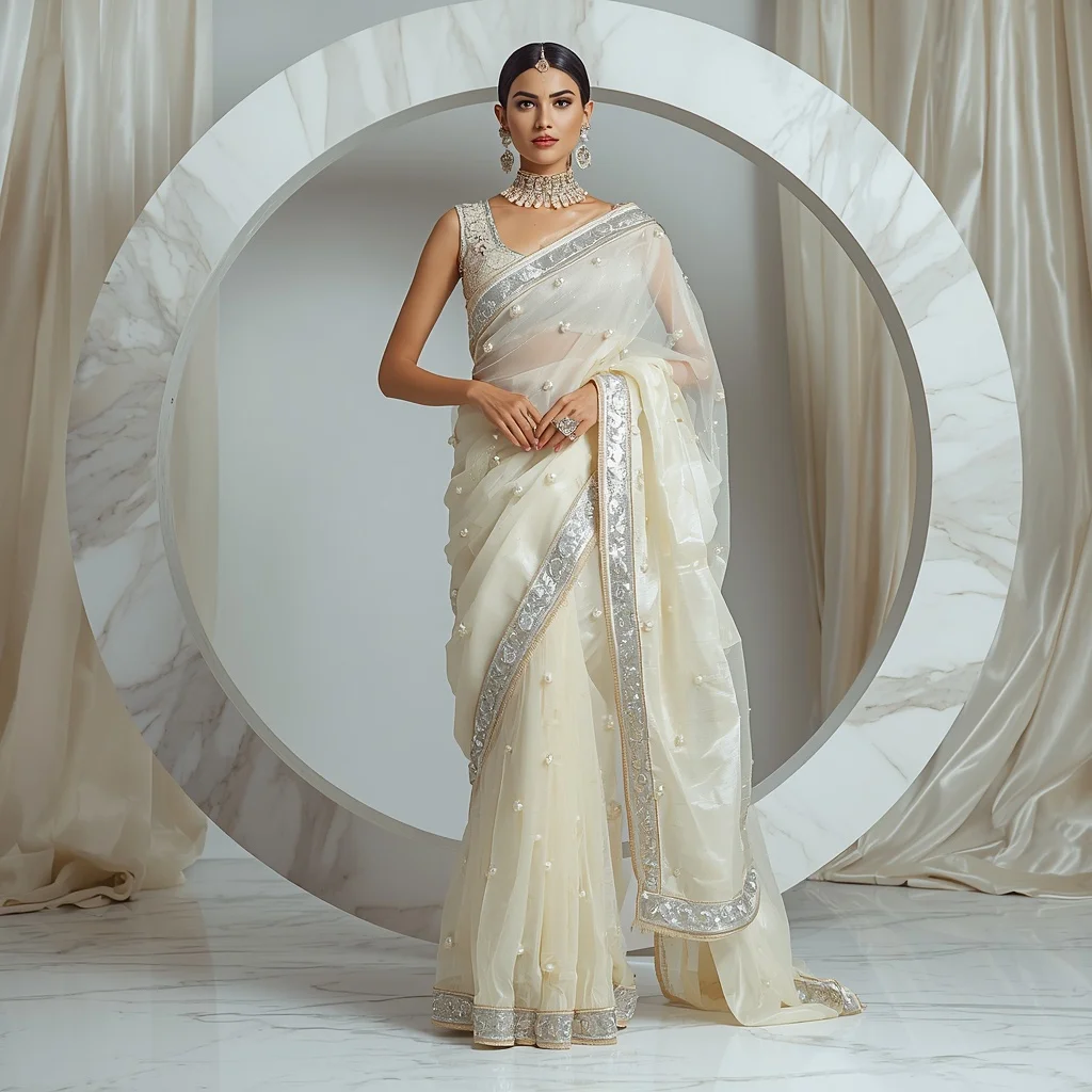 Luxury Ivory Moon Pearl Saree with Elegant Marble Editorial Air Spiral and Floating Silk Reflection Ring Background | Ai Art Prompt