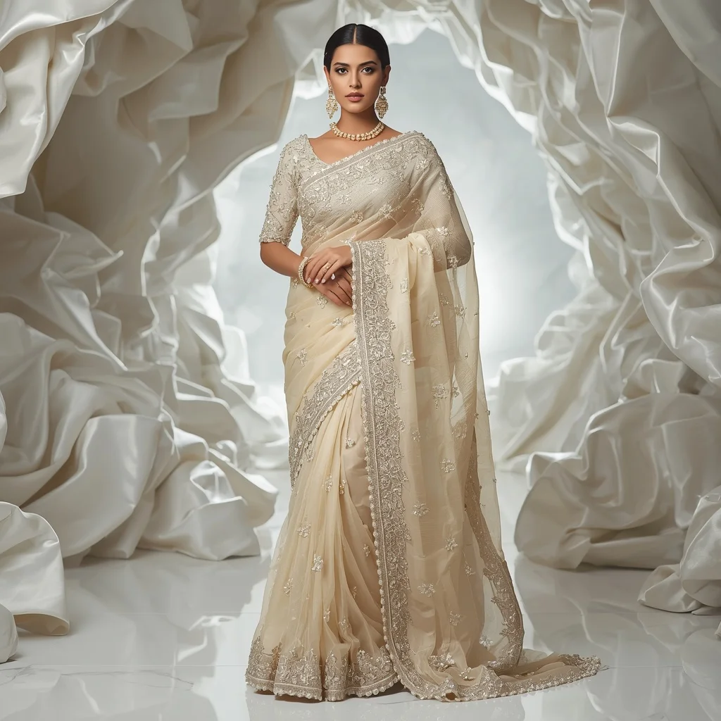 Luxury Ivory Pearl Blossom Saree with Elegant Marble Editorial Twist and Floating Silk Reflection Tunnel Background | Festive Prompt