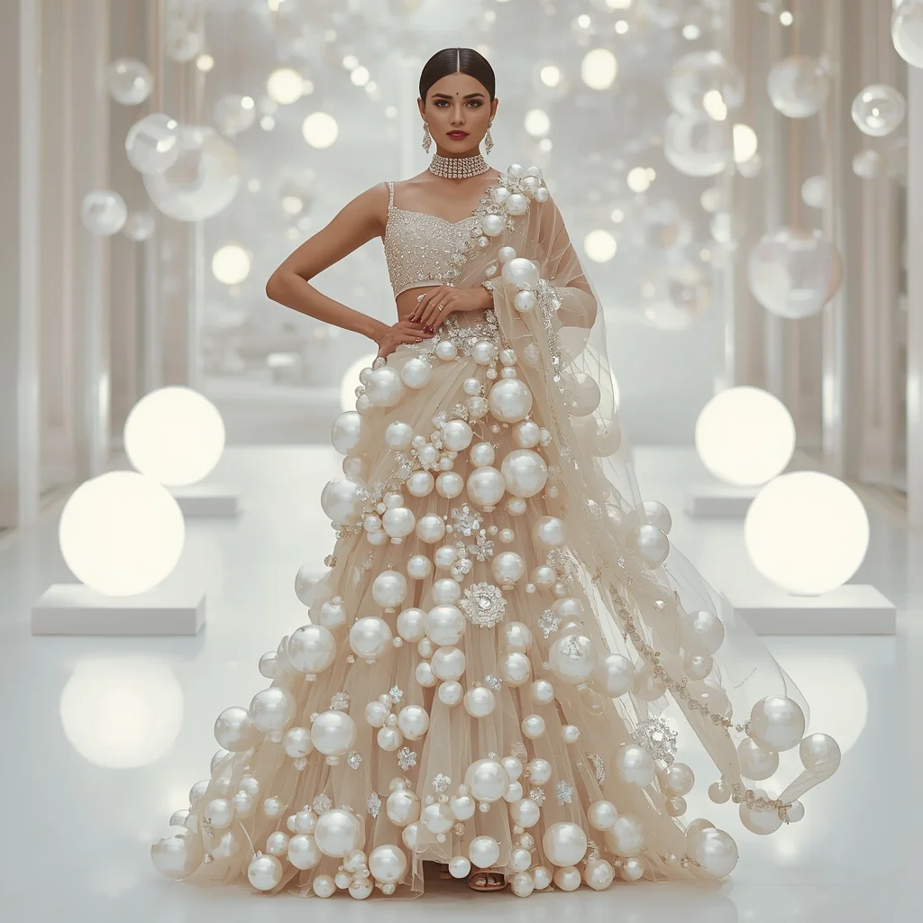 Luxury Pearl Bubble Saree with White Floating Sphere Gallery | Cute Girl Ai Prompt