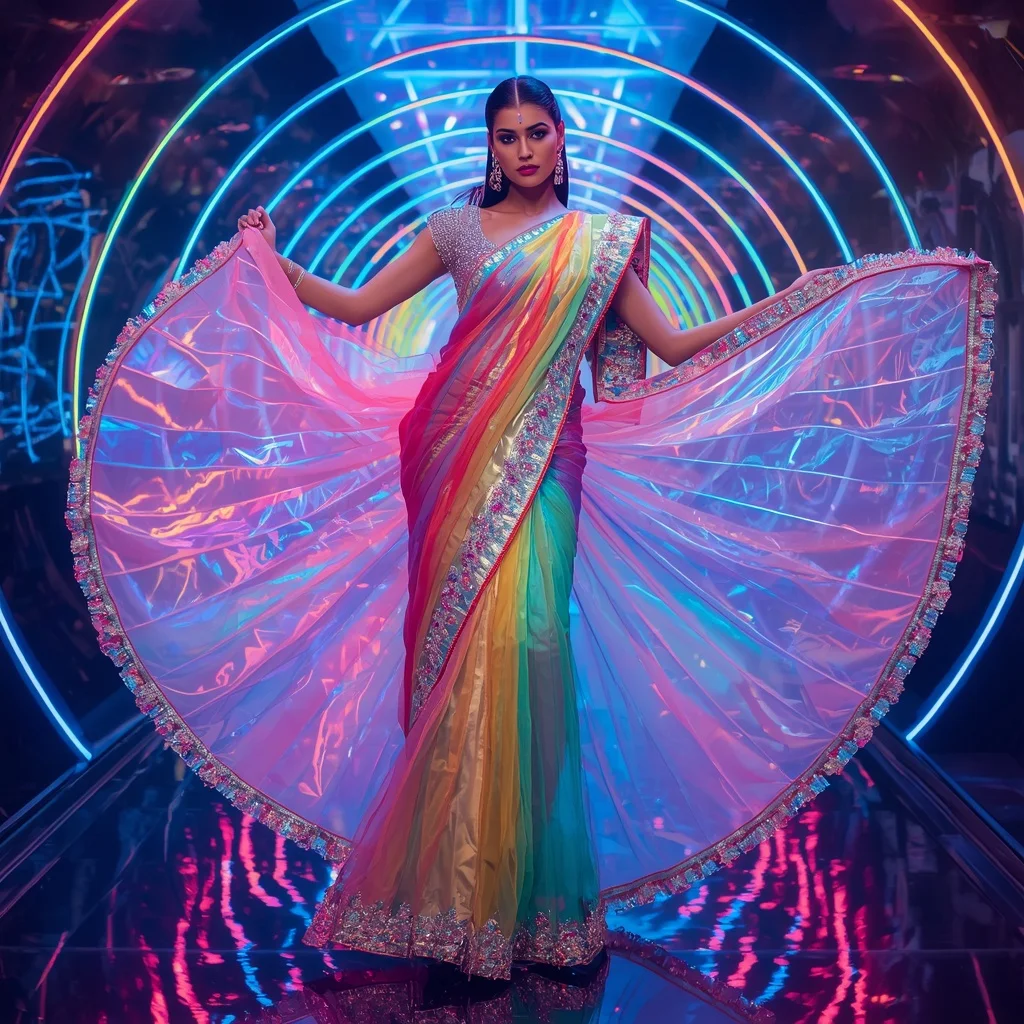 Luxury Rainbow Aurora Saree with Dynamic Fashion Editorial Spiral and Holographic Reflection Tunnel Background | New Instagram Trend Prompt For Girl Love
