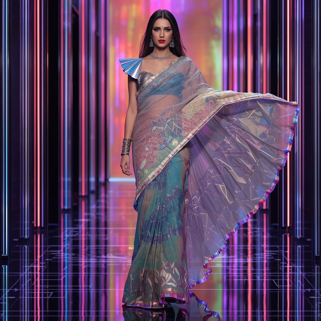 Luxury Rainbow Prism Saree with Dynamic Fashion Editorial Walk and Holographic Reflection Hall Background | Trending Prompt Girls Instagram