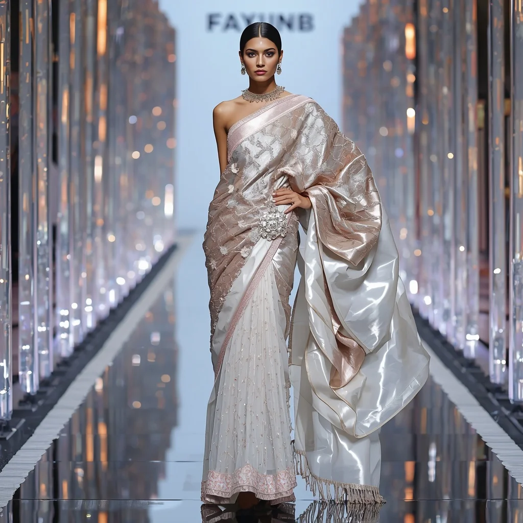 Luxury Ribbon Dahlia Saree with Floating Crystal Walkway | Gemini Ai Prompt