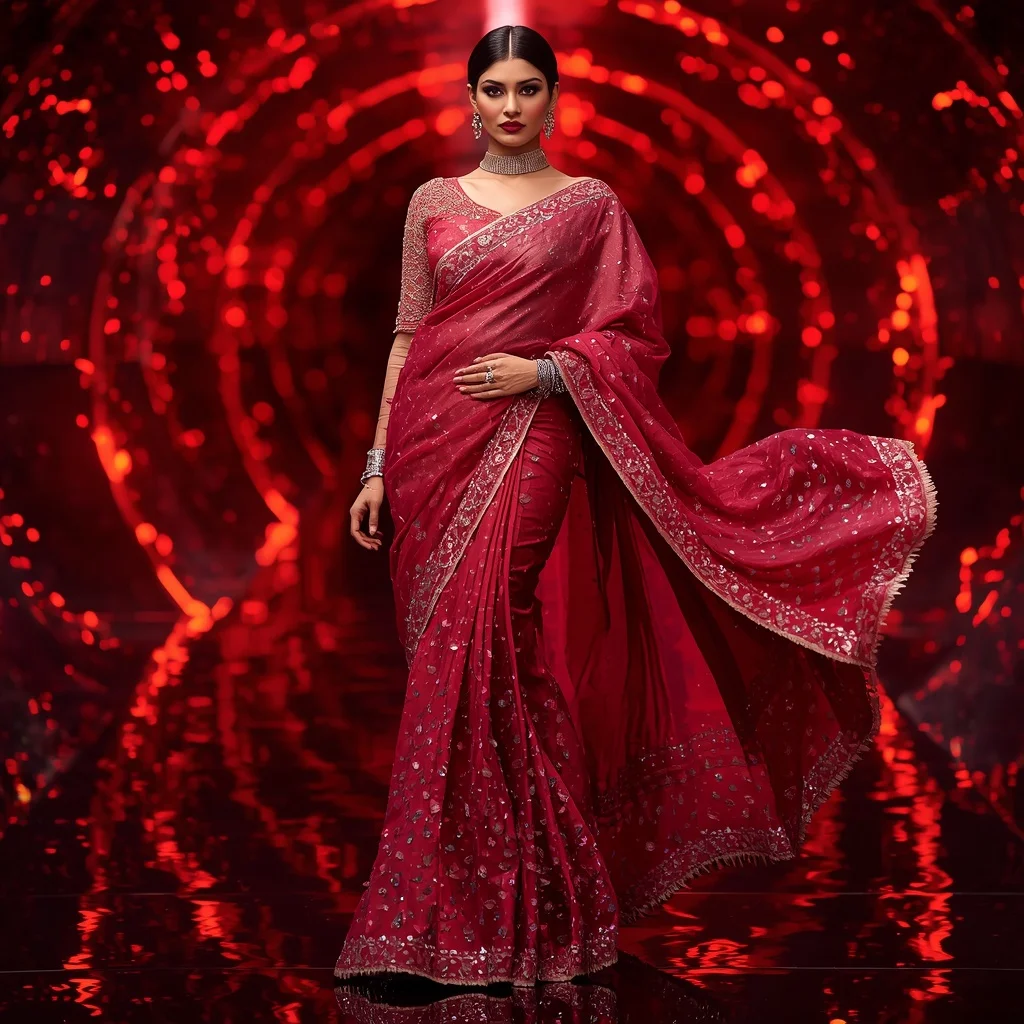 Luxury Ruby Galaxy Saree with Fierce Runway Editorial Spiral Walk and Digital Fire Reflection Tunnel Background | Prompt Seen Horror Girl