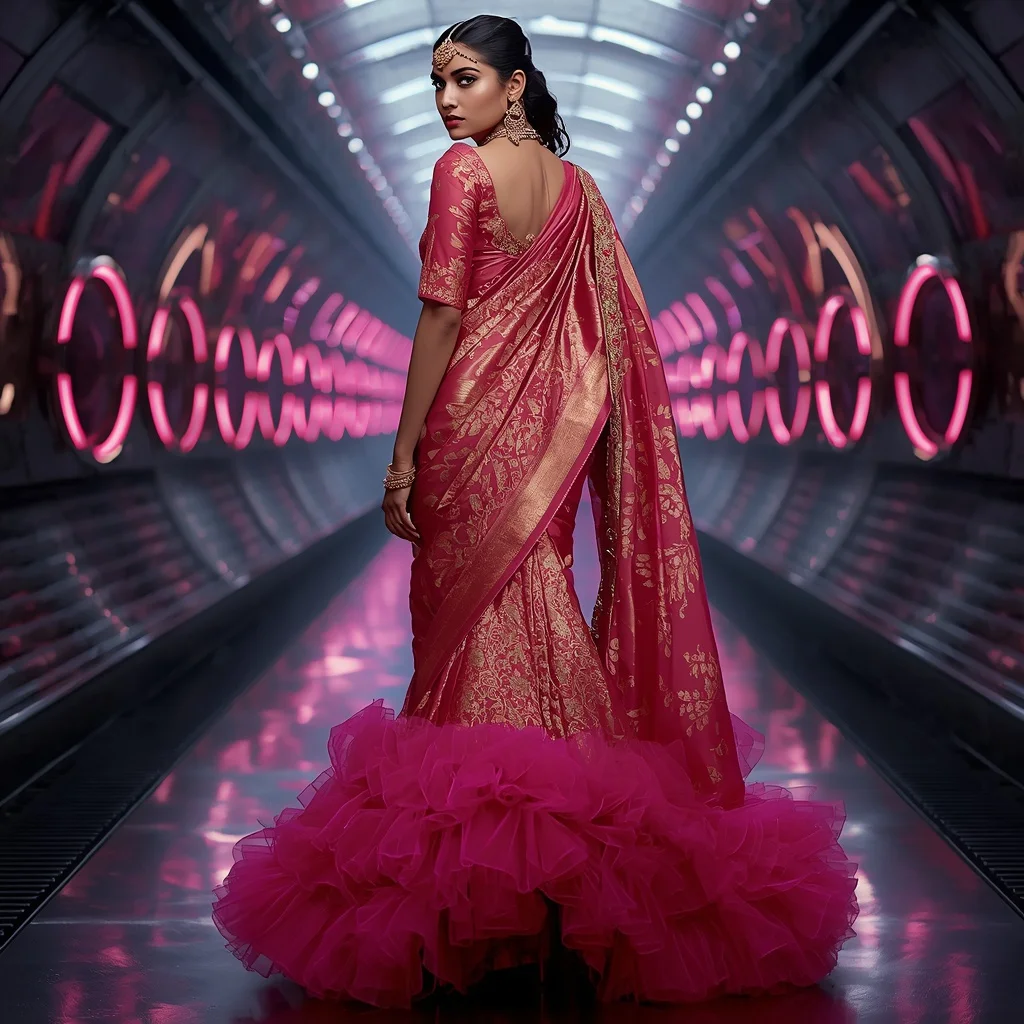 Magenta and Gold Heavy Brocade Saree with Ruffled Tulle Hem | Instagram Viral Photo Ai Prompt