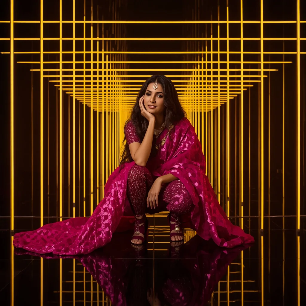 Magenta Geometric Weave Saree – High-Fashion Squat with Yellow LED Tunnel | Instagram Profile Pic Ai Prompt