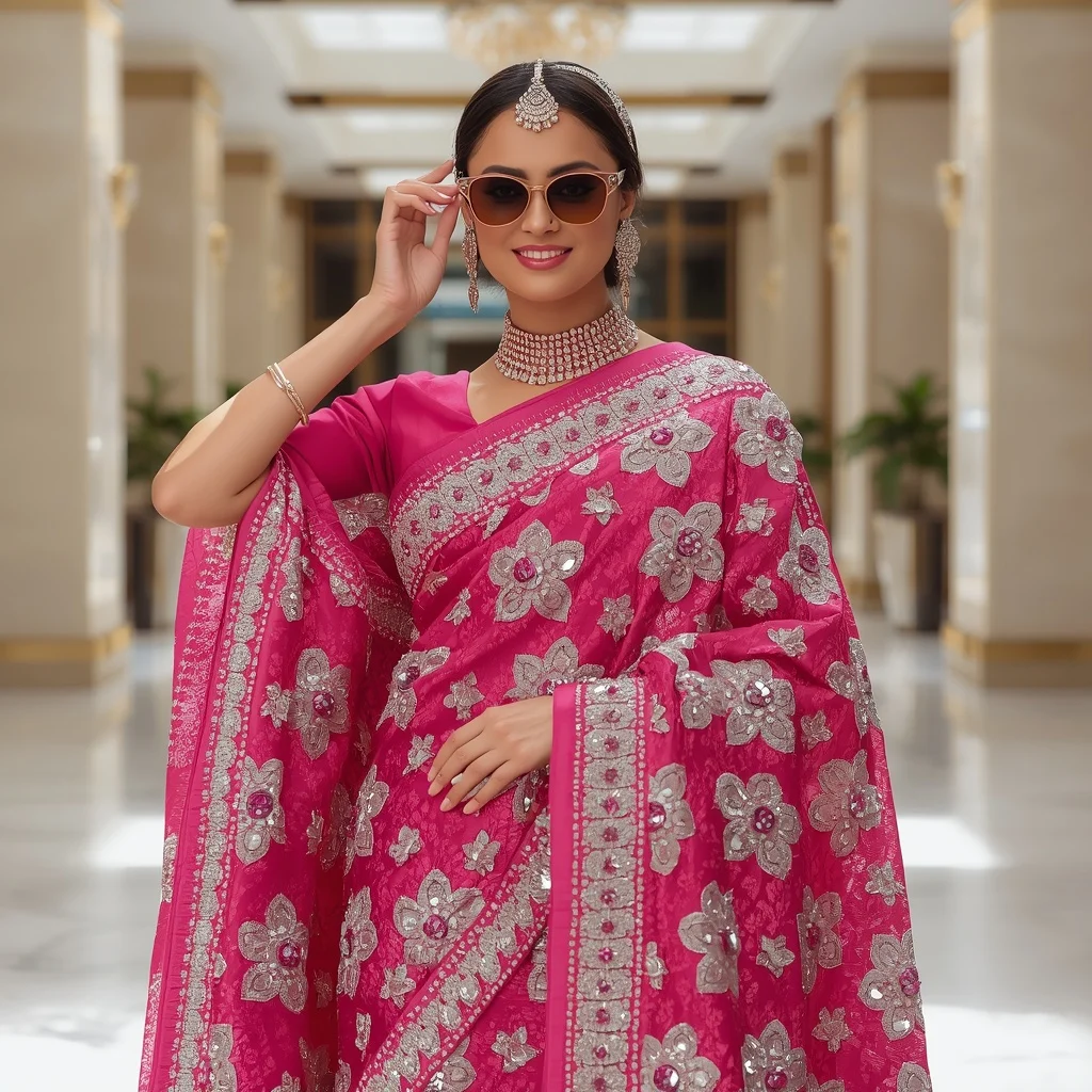Magenta Pink Designer Saree with 3D Silver Florals | Art Ai Prompt