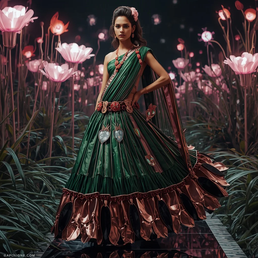 Magnetic Bloom Core Saree with Neon Botanical Reactor Field | Prompt For Gemini AI Girl Style Trending Indian