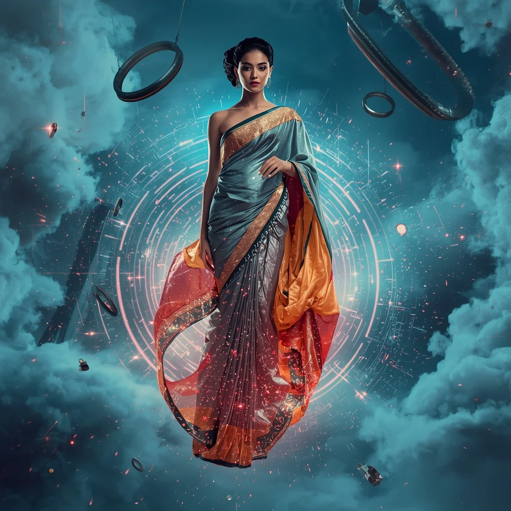 Magnetic Neon Silk Saree with Floating Metal Storm Field | Ideogram Ai Prompt