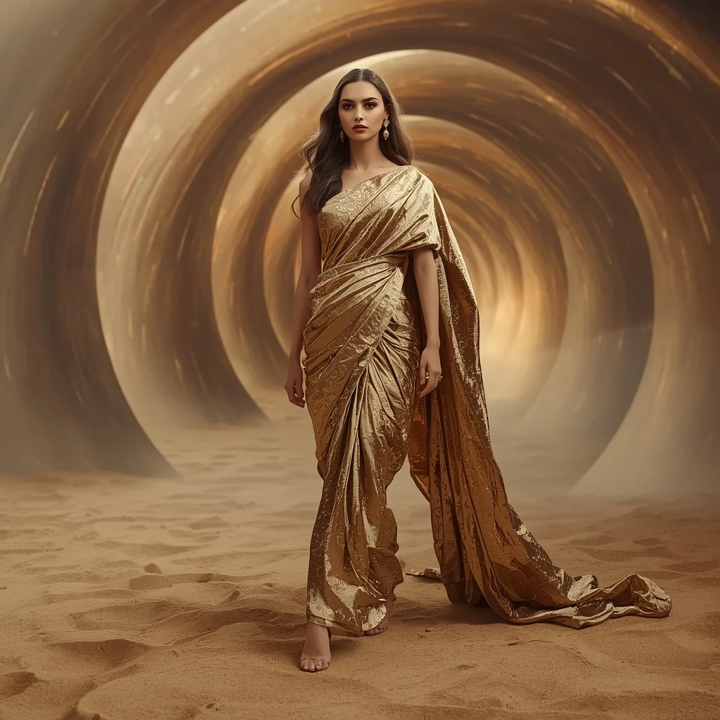 Magnetic Sand Alloy Saree with Desert Gravity Spiral Field | Romantic Ai Prompt
