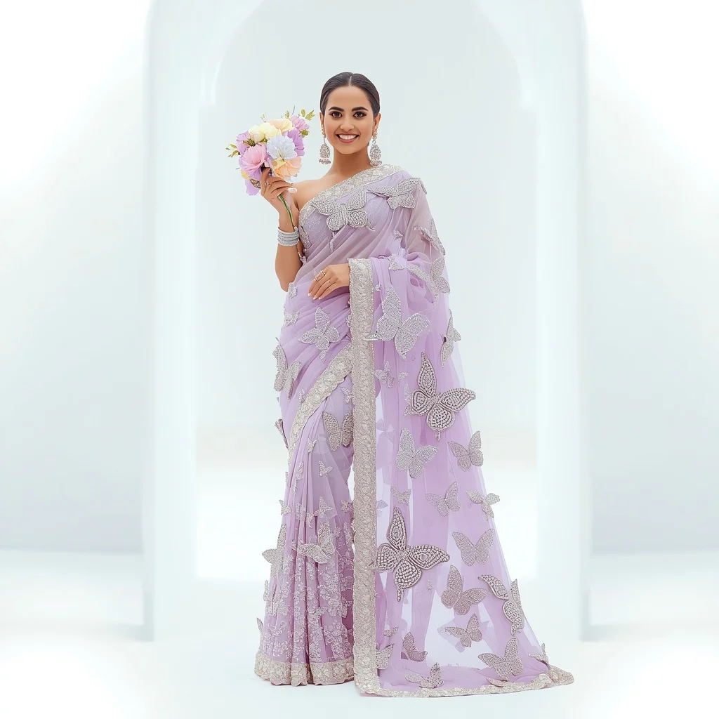 Massive 3D Butterfly Rhinestone Lavender Saree | Holding Fresh Flowers Pose | Image Prompt