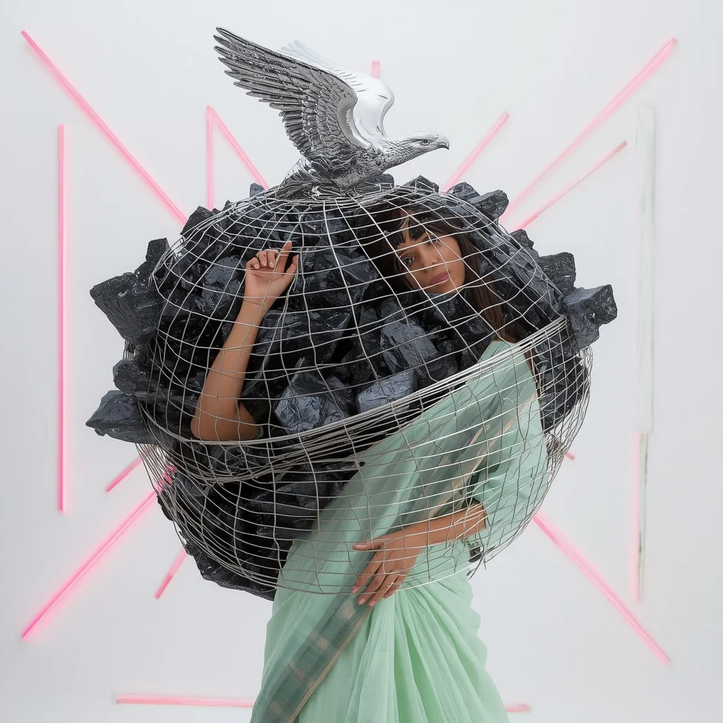 Massive 3D Chrome Falcon Sculpture & Stiff Platinum Wire Grid Pastel Seafoam Saree | Torso Twist Freeze Pose | New Instagram Trend Prompt For Girl And Boy