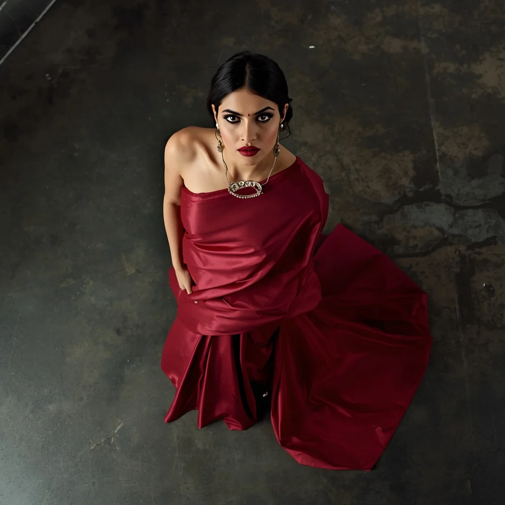 Matte Crimson Latex-Silk Saree – Dramatic Overhead Angle with Brutalist Concrete | Ai Prompt For Instagram