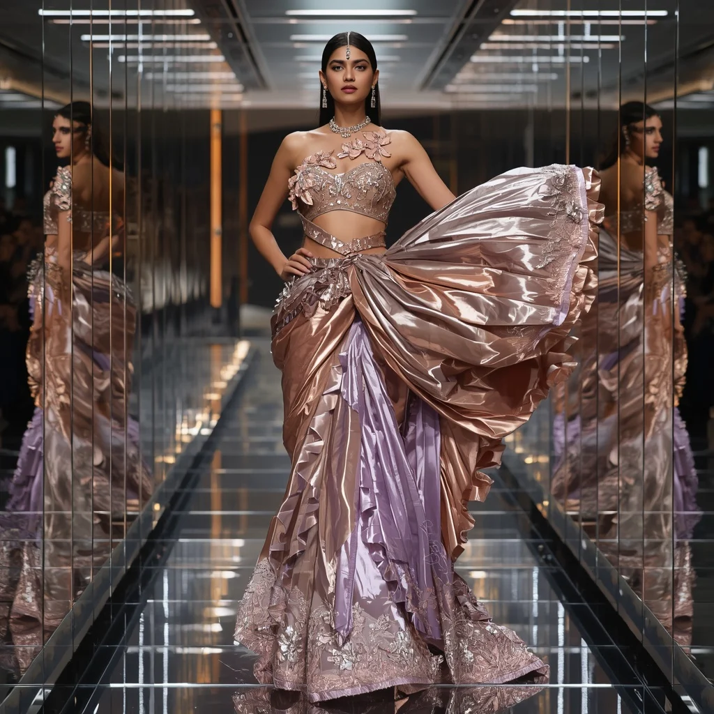 Metallic Blossom Ribbon Saree with Infinity Mirror Corridor | 3d Animation Ai Prompt
